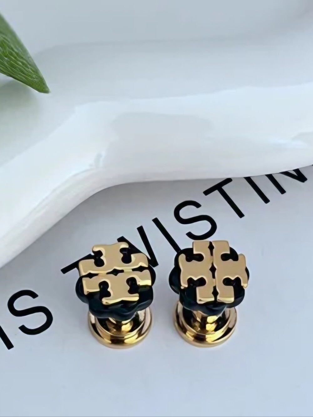 Tory Burch Gold and Black Logo Button Earrings